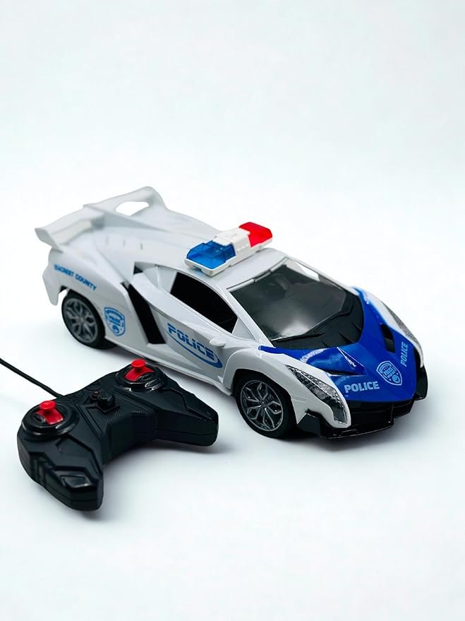 2 Remote Control Police Car Toy, Sports Racing Design with LED Light Bar, White and Blue - Image 1